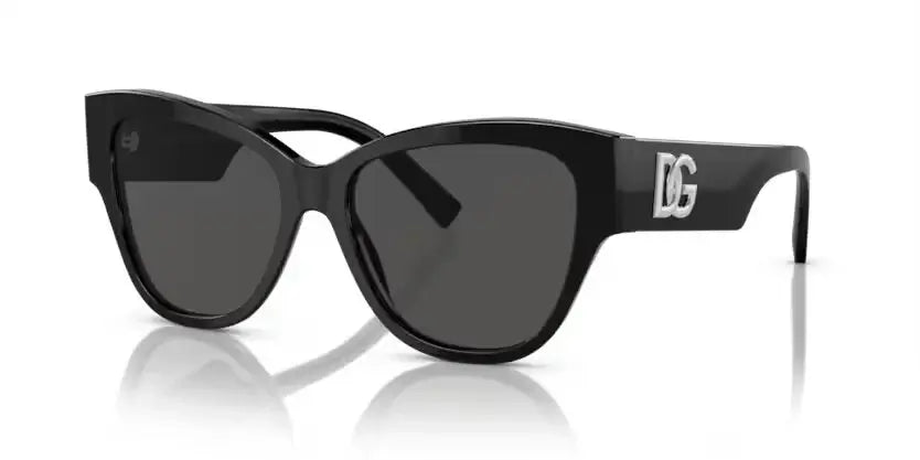 Dolce & Gabbana 0DG4449 black sunglasses featuring a stylish cat-eye shape and iconic logo design.