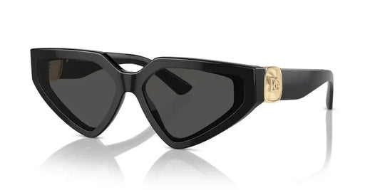 Dolce & Gabbana 0DG4469 stylish black cat-eye sunglasses with gold logo accents and dark lenses.