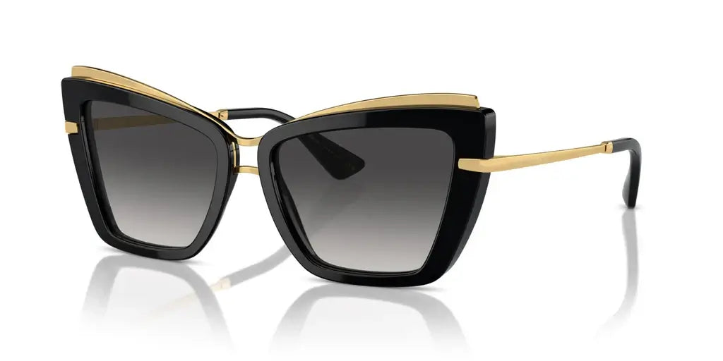 Dolce & Gabbana 0DG4472 cat-eye sunglasses with black frames and gold accents, stylish and elegant eyewear.