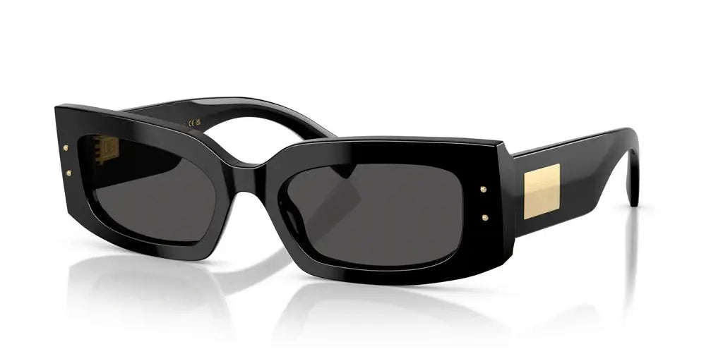 Dolce & Gabbana 0DG4479 sunglasses in black with bold square frames and gold accents, stylish eyewear for modern fashion.