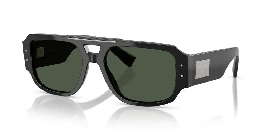 Dolce & Gabbana 0DG4482 sunglasses featuring a bold black frame and dark green lenses, perfect for stylish sun protection.