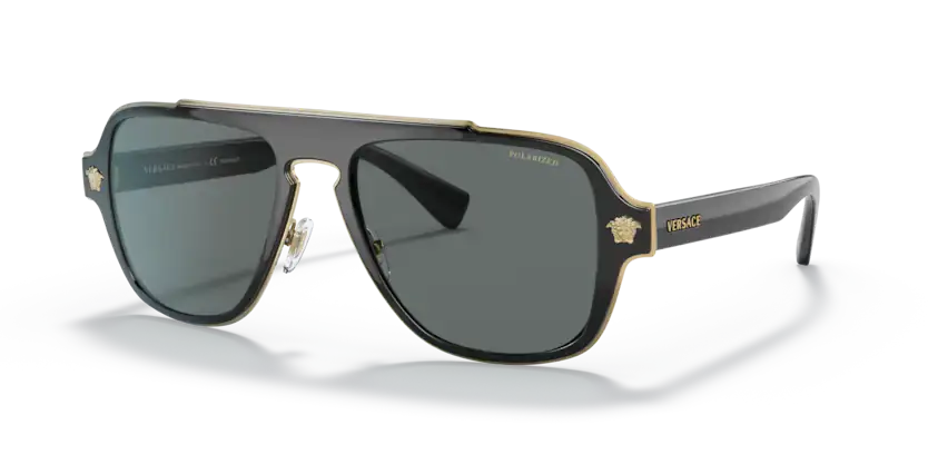 Versace 0VE2199 sunglasses featuring a bold design with black lenses and gold accents for a luxurious style.