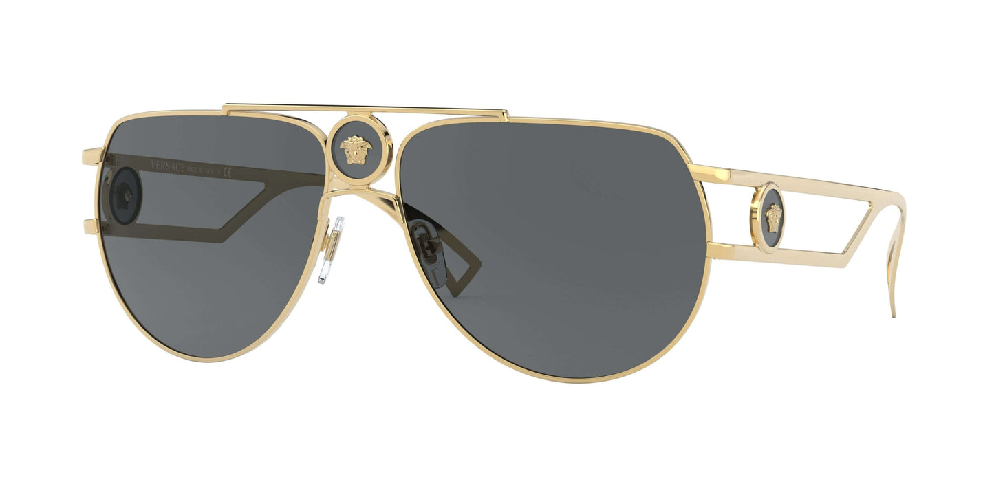 Versace 0VE2225 sunglasses featuring a gold frame and dark lenses, showcasing luxury eyewear style.