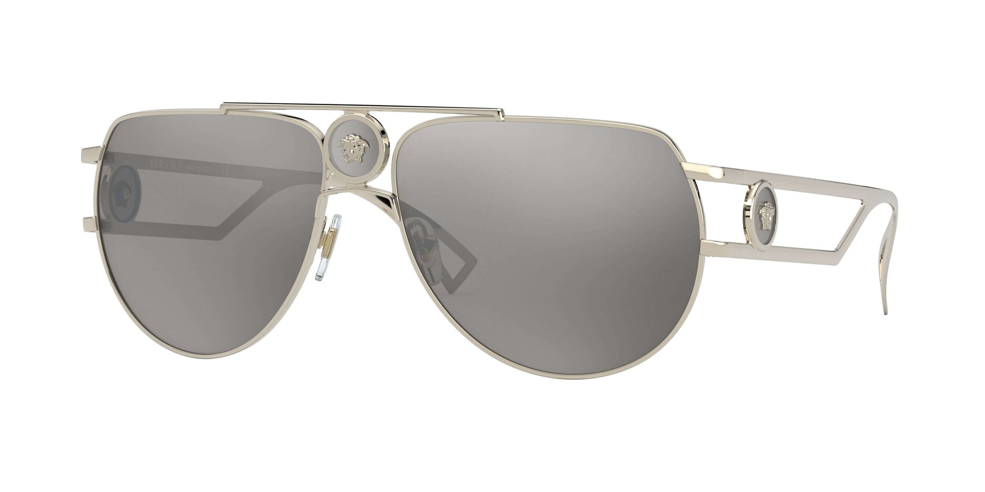 Versace 0VE2225 silver aviator sunglasses with grey lenses and iconic logo detail. Stylish eye protection accessory.