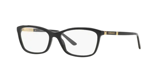 VERSACE 0VE3186 stylish black eyeglasses with gold accents and a classic rectangular shape.