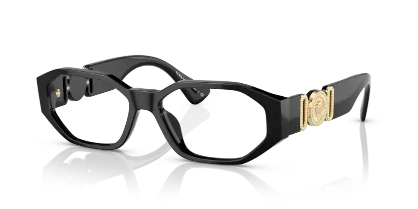 Versace 0VE3320U black eyeglasses with gold detailing, stylish and modern eyewear design.