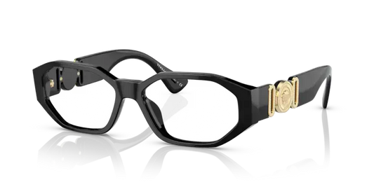 Versace 0VE3320U black eyeglasses with gold detailing, stylish and modern eyewear design.