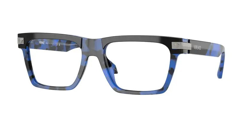 Versace VE3354 blue patterned eyeglasses with bold frame design for stylish eyewear look.