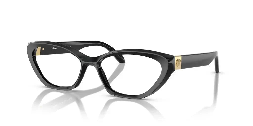 Versace 0VE3356 chic black eyeglasses showcasing a stylish cat-eye design with gold accents.