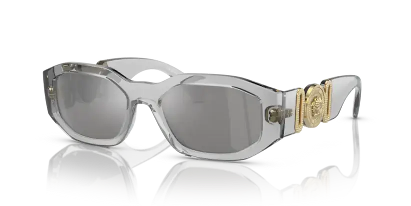 Versace 0VE4361 sunglasses featuring a clear frame and gold emblem, stylish eyewear for a luxury look.