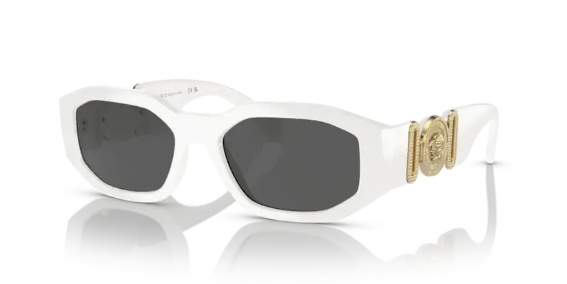 Versace 0VE4361 white sunglasses with gold detailing and dark lenses, stylish eyewear for luxury fashion enthusiasts.