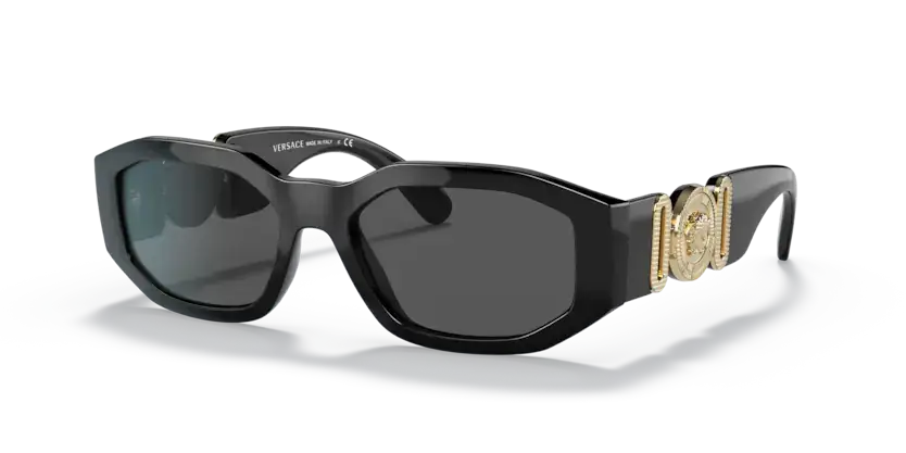 Versace 0VE4361 black sunglasses featuring a gold emblem, stylish and trendy eyewear for fashion enthusiasts.