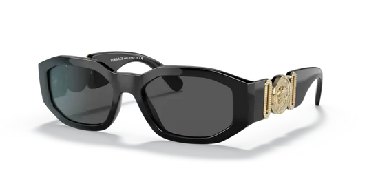 Versace 0VE4361 black sunglasses featuring a gold emblem, stylish and trendy eyewear for fashion enthusiasts.