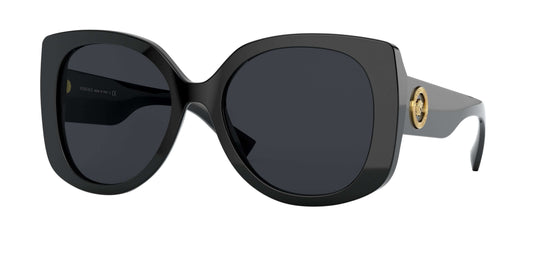 Versace 0VE4387 oversized black sunglasses with gold emblem, stylish designer eyewear for a chic look.