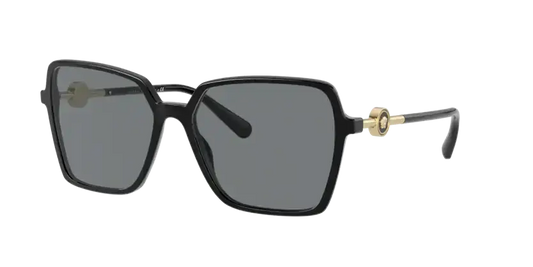 Versace 0VE4396 sunglasses with black frames and dark lenses, featuring the iconic gold logo detail.