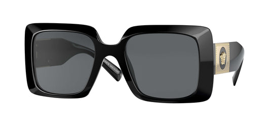 Versace 0VE4405 oversized black sunglasses featuring a glossy finish and stylish gold detailing.