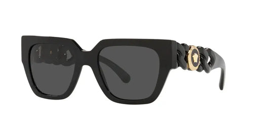 Versace 0VE4409 oversized black sunglasses with gold logo detail and stylish frame for a chic look.