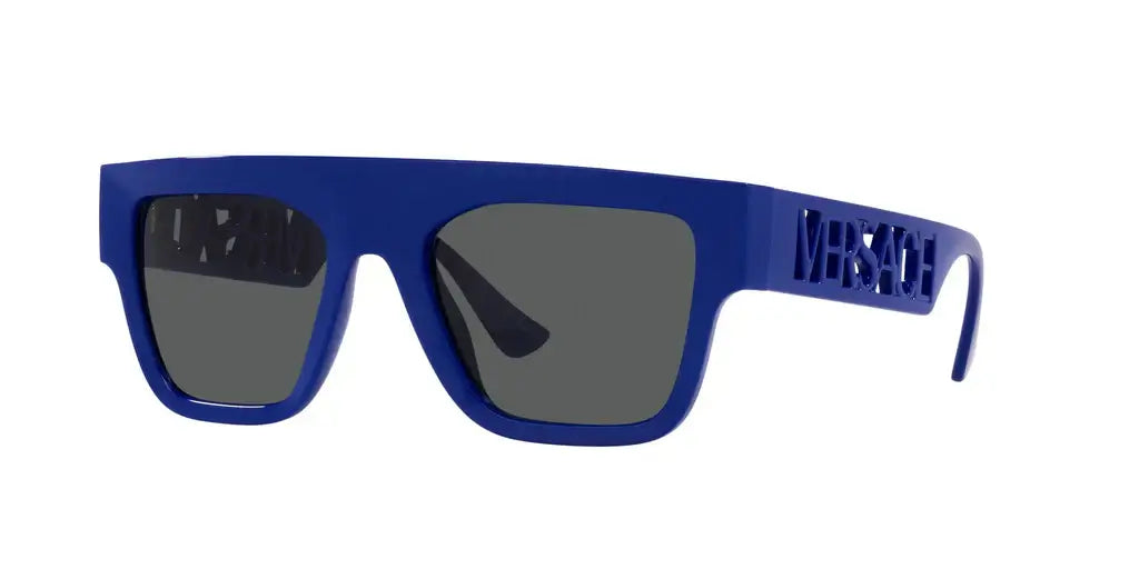 Versace 0VE4430U stylish blue sunglasses with logo detailing and dark lenses, perfect for a trendy look.