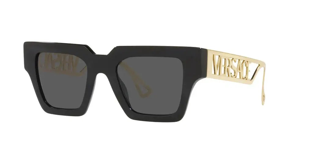 Versace 0VE4431 sunglasses featuring bold black frames and gold logo accents for a stylish, modern look.