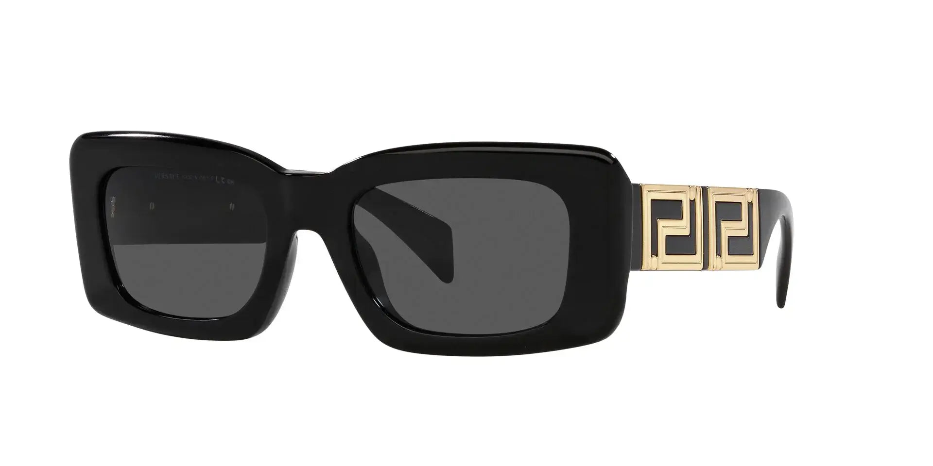 Versace 0VE4444U sunglasses featuring a chic black frame and gold logo detailing, perfect for stylish eyewear enthusiasts.