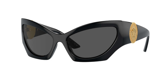 Versace 0VE4450 black sunglasses with bold cat-eye design and gold emblem, offering stylish UV protection.