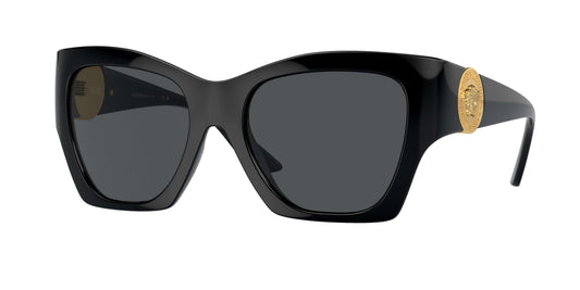 Stylish Versace 0VE4452 sunglasses featuring bold black frames and a gold logo emblem.