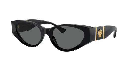 Versace 0VE4454 black cat-eye sunglasses with gold logo accents and dark lenses, stylish and chic eyewear for fashion lovers.