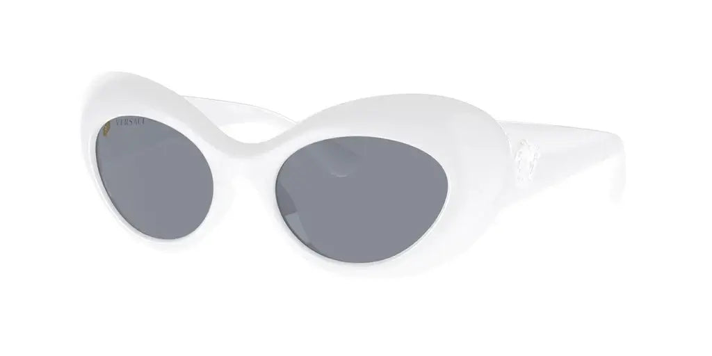 Versace 0VE4456U stylish white sunglasses with grey lenses, featuring a unique cat-eye design for a chic look.