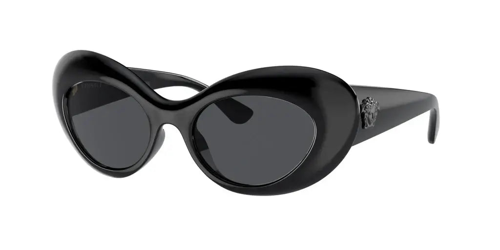 Versace 0VE4456U oversized black sunglasses with stylish cat-eye shape and decorative logo detail.