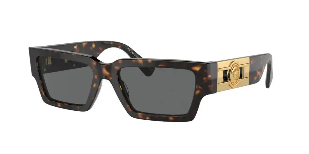 Versace 0VE4459 stylish tortoiseshell sunglasses with gold logo detail and gray lenses, perfect for a chic look.