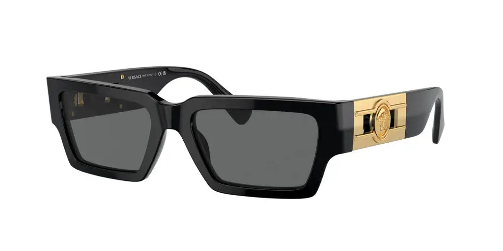 Versace 0VE4459 sunglasses featuring a bold black frame and gold detailing, perfect for fashion-forward style.