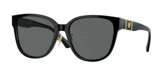 Versace 0VE4460D stylish black sunglasses with gray lenses and gold logo accents, perfect for luxury eyewear enthusiasts.