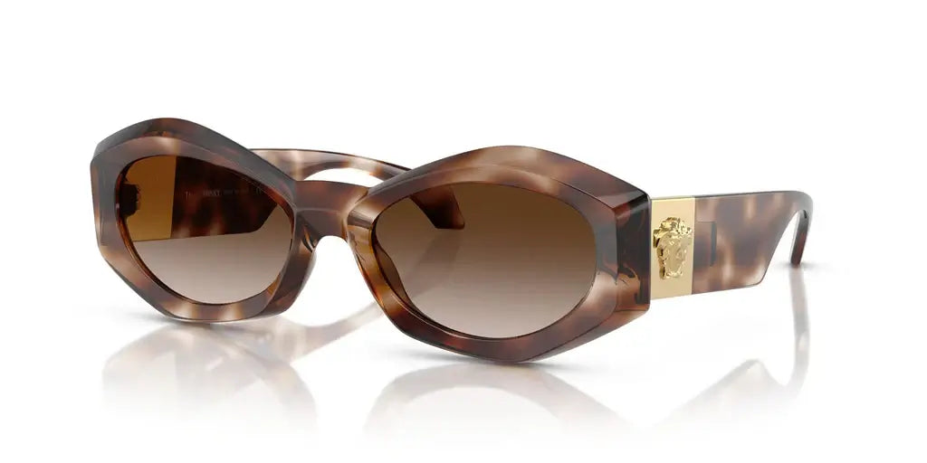 Versace 0VE4466U sunglasses in brown tortoiseshell with gold logo, stylish oversized design, perfect for luxury fashion.