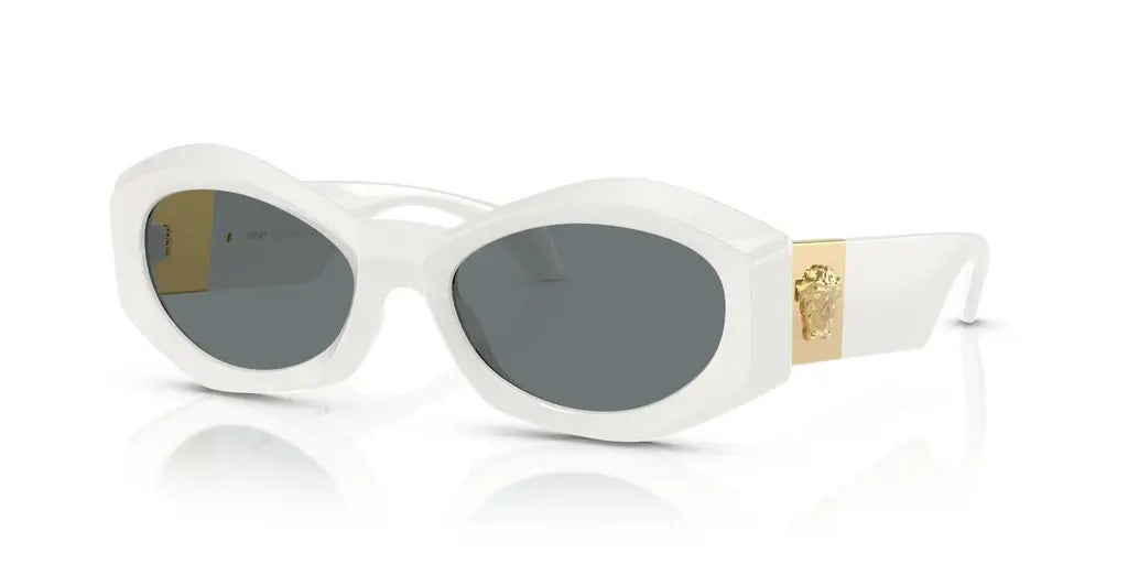 Versace 0VE4466U sunglasses featuring a sleek white frame and dark lenses, accented with gold detailing.