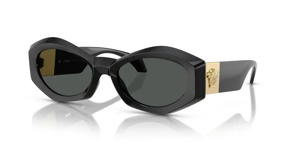 Versace 0VE4466U stylish black sunglasses with cat-eye design and logo embellishment on the side.