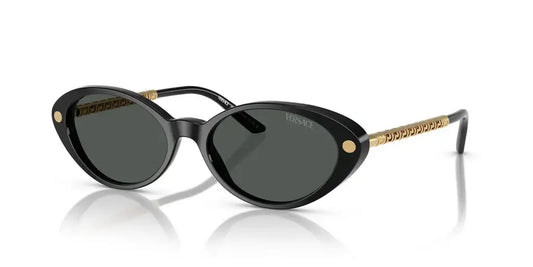 Versace 0VE4469 stylish black sunglasses with green lenses and gold-accented temples. Perfect for a chic look.