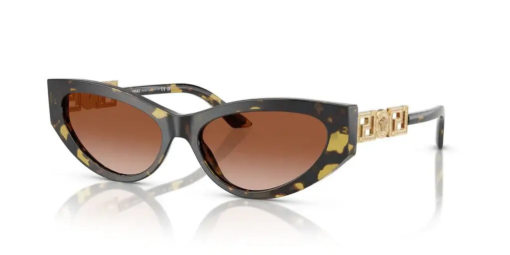 Versace 0VE4470B cat-eye sunglasses with brown lenses and stylish gold accents in tortoiseshell design.