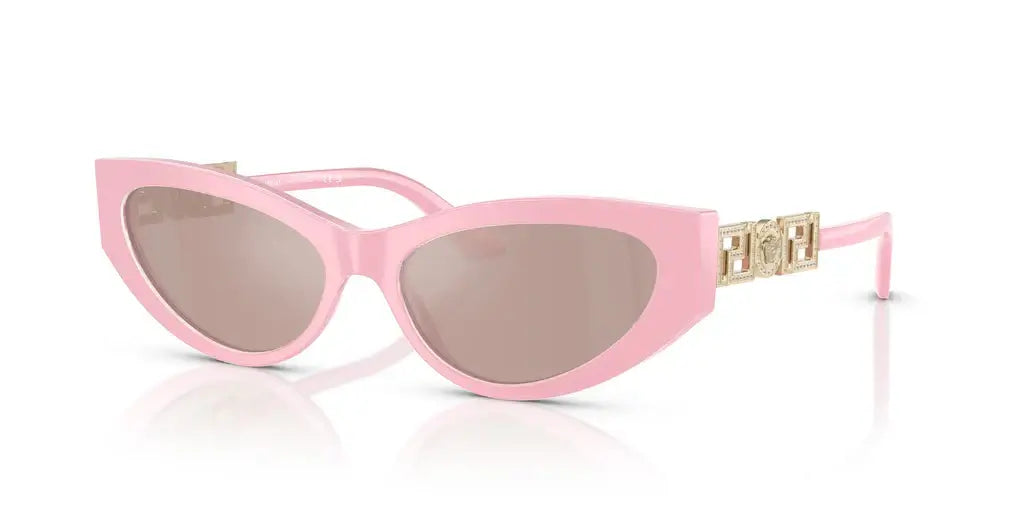 Versace 0VE4470B pink sunglasses with cat-eye design and decorative gold detailing, perfect for stylish summer looks.