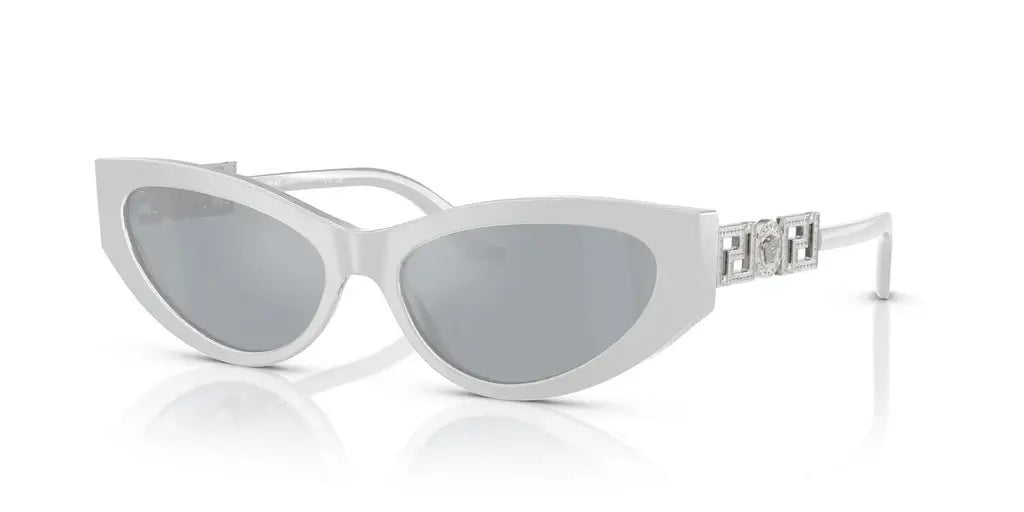 Versace 0VE4470B white cat-eye sunglasses with gray lenses and stylish embellishments on the temples.