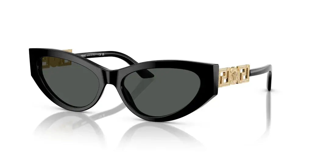 Versace 0VE4470B cat-eye sunglasses with black frames and gold detailing, stylish accessory for modern fashion.