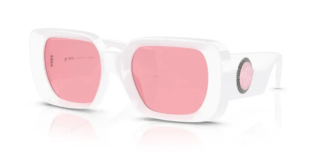 Versace 0VE4473U sunglasses with white frame and pink lenses, stylish designer eyewear for modern fashion enthusiasts.