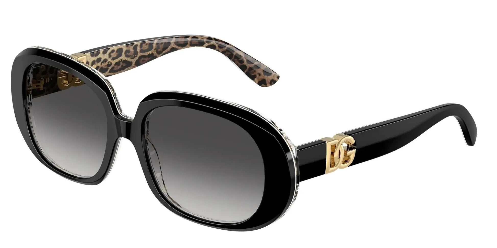 Dolce & Gabbana 0DG4476 sunglasses featuring bold black frames and leopard print detailing for a stylish look.