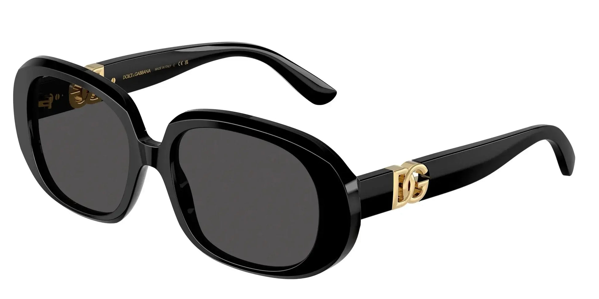 Dolce & Gabbana 0DG4476 stylish black sunglasses with gold logo accents and oversized frame design.