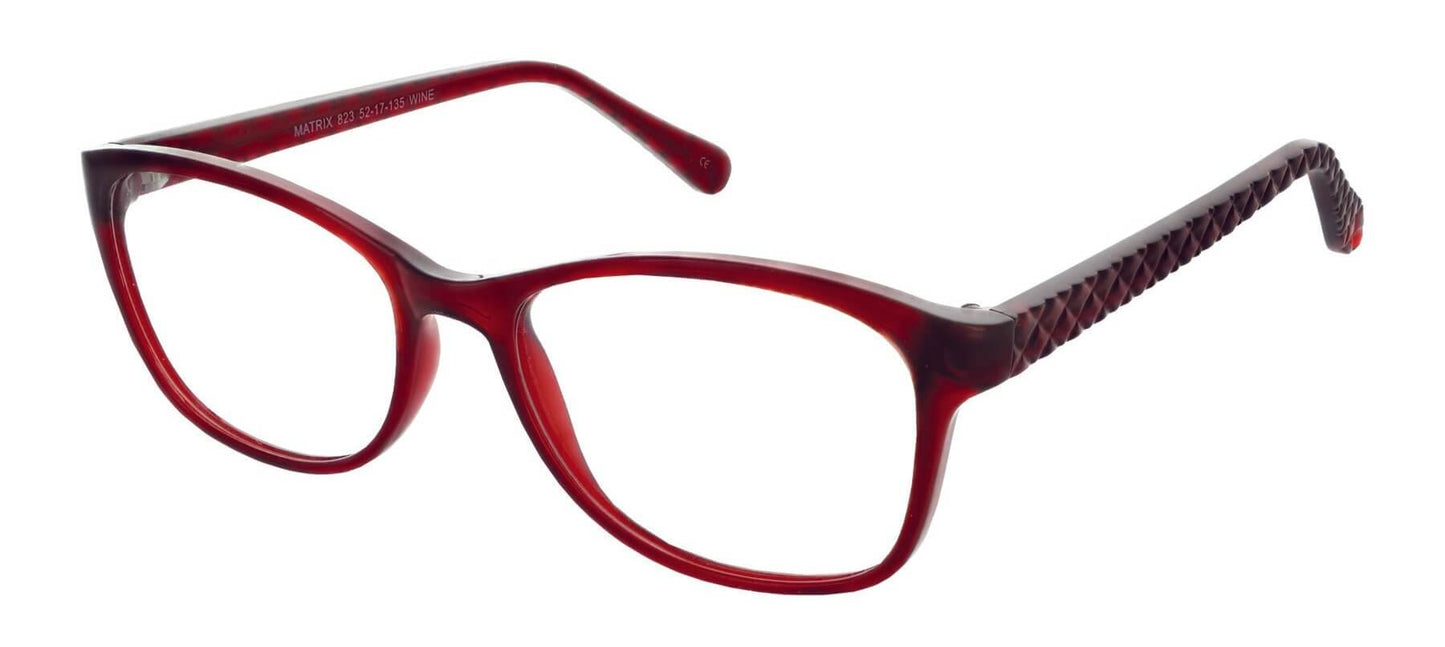 Stylish red prescription glasses Matrix 823 with elegant design and eye-catching frame details.