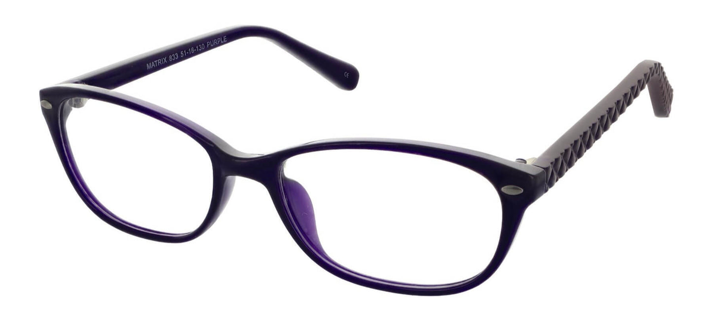 Matrix 833 prescription glasses in stylish purple color with contemporary frame design. Perfect for vision correction.