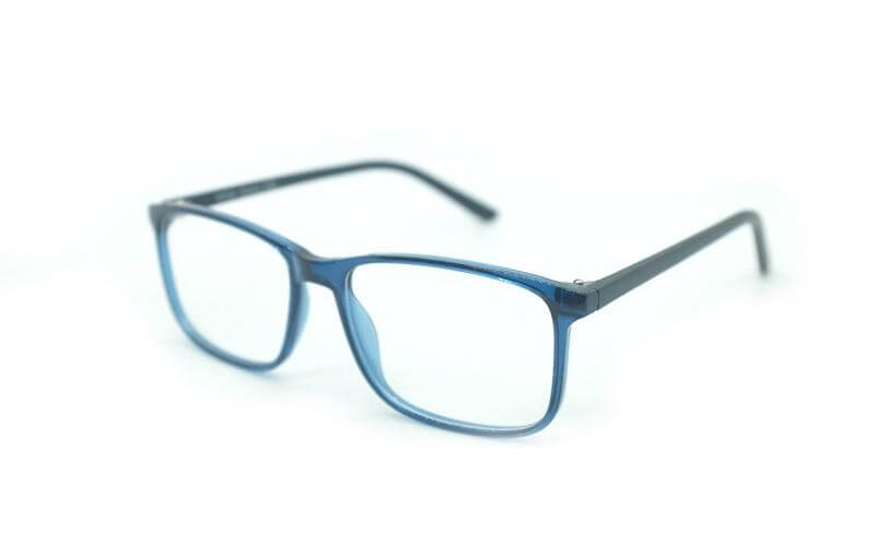 Stylish blue eyeglasses with rectangular frames and clear lenses for everyday wear and vision correction.