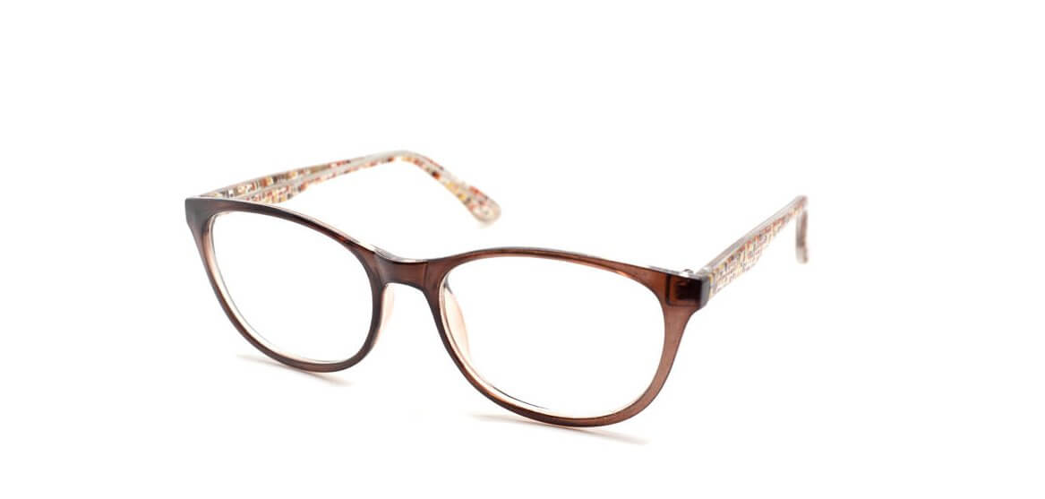 Stylish OL17 prescription glasses with a brown frame and decorative patterned arms, perfect for everyday wear.