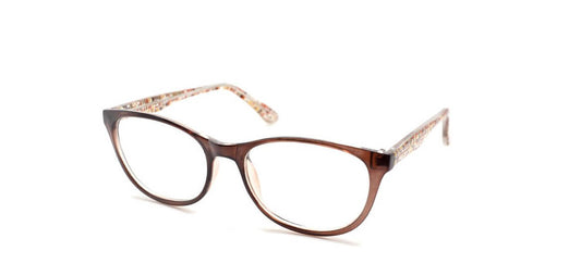 Stylish OL17 prescription glasses with a brown frame and decorative patterned arms, perfect for everyday wear.