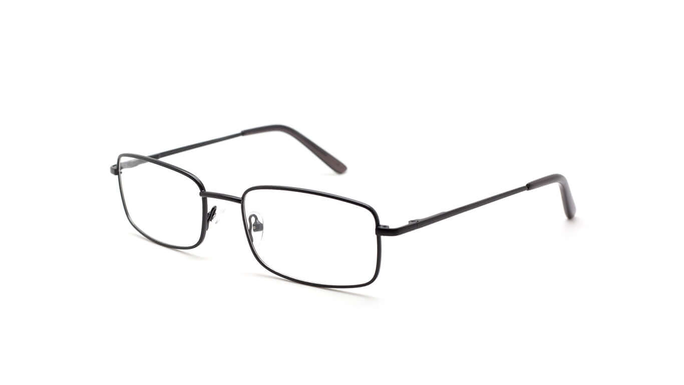 Stylish black rectangular glasses with thin metal frame and clear lenses on a white background.