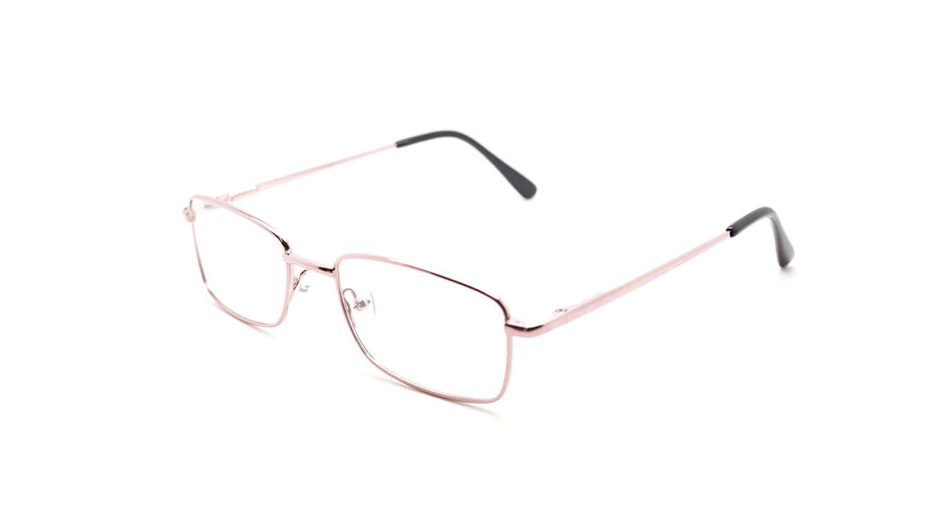 Stylish pink metal eyeglasses with rectangular frames and black temple tips, perfect for a modern look.